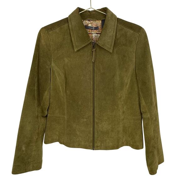 Vintage 1990s Y2K Liz Claiborne Olive Green Suede Jacket Zip Front Sz 10 Casual - Picture 1 of 10